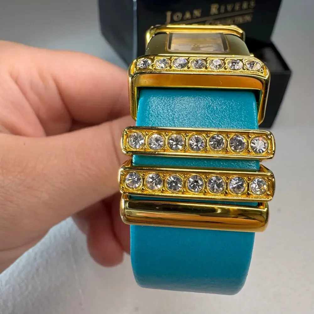 joan rivers classics turquoise leather crystal cuff watch gold tone quartz